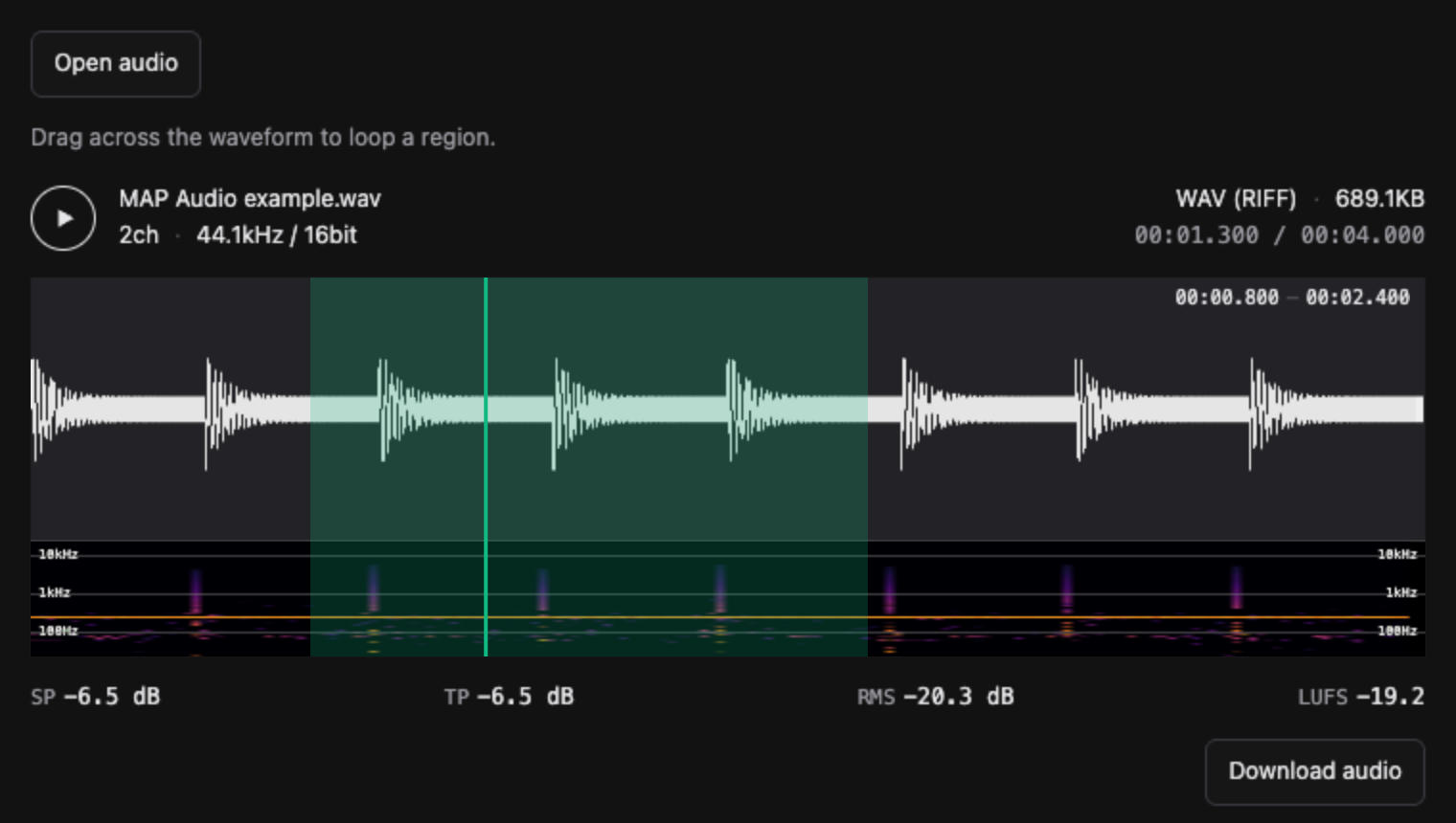 MAP Audio showing a looped region on a waveform and spectrogram, with sample peak, true peak, RMS and LUFS readings